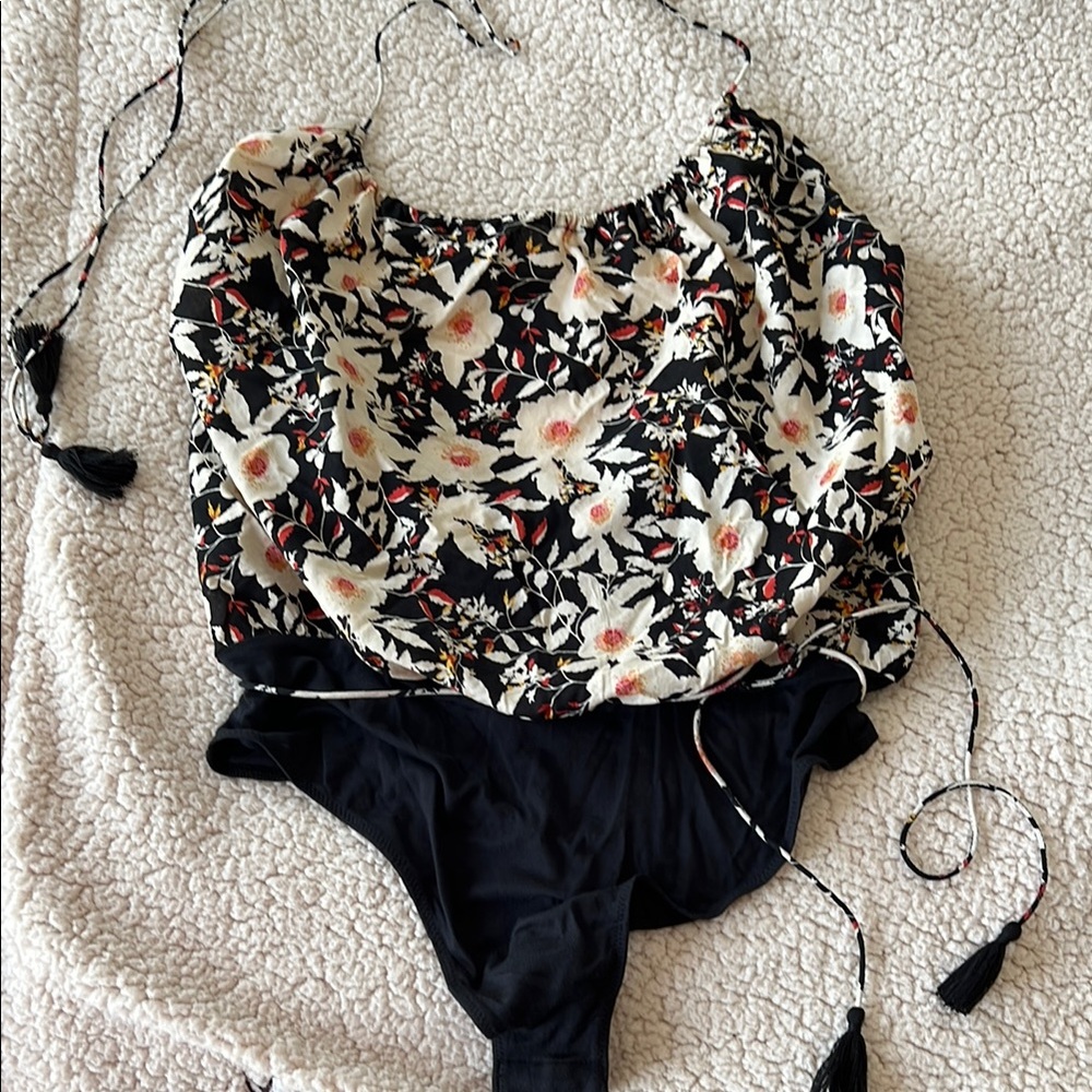 Intimately Free People Floral Black and White Bodysuit Top, Size Large